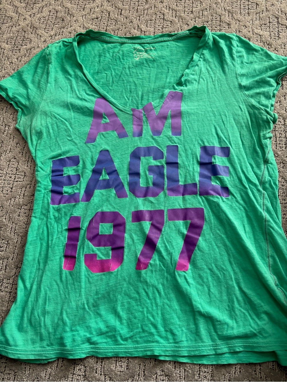 American Eagle Outfitters Green V-Neck Tee with Purple-Pink Graphic